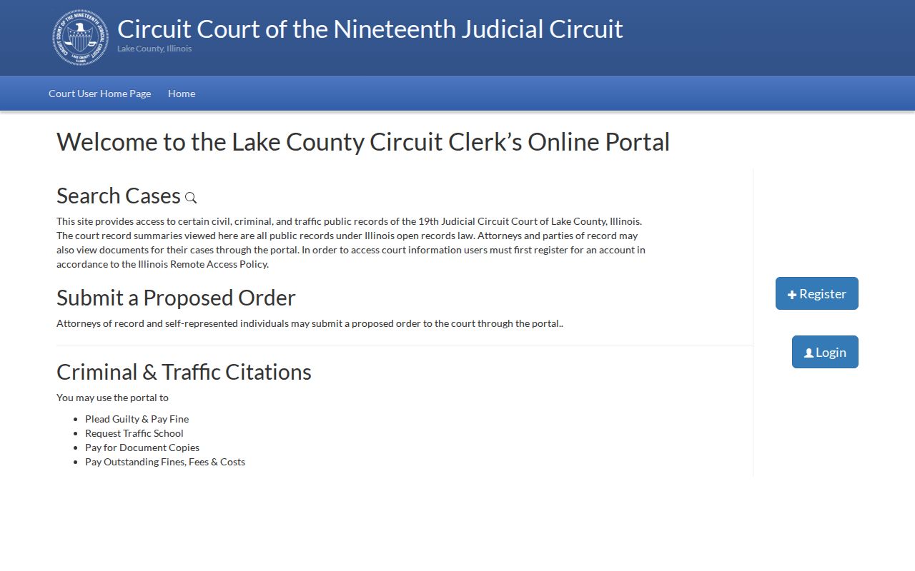 Lake County eCourt public portal serving Highland Park