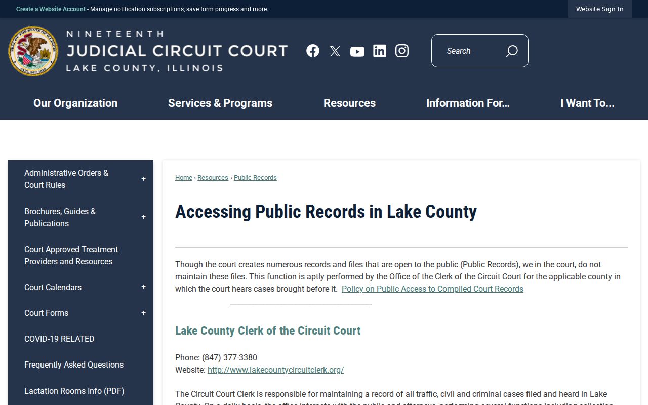 Nineteenth Circuit public records page used for a Highland Park resident lookup