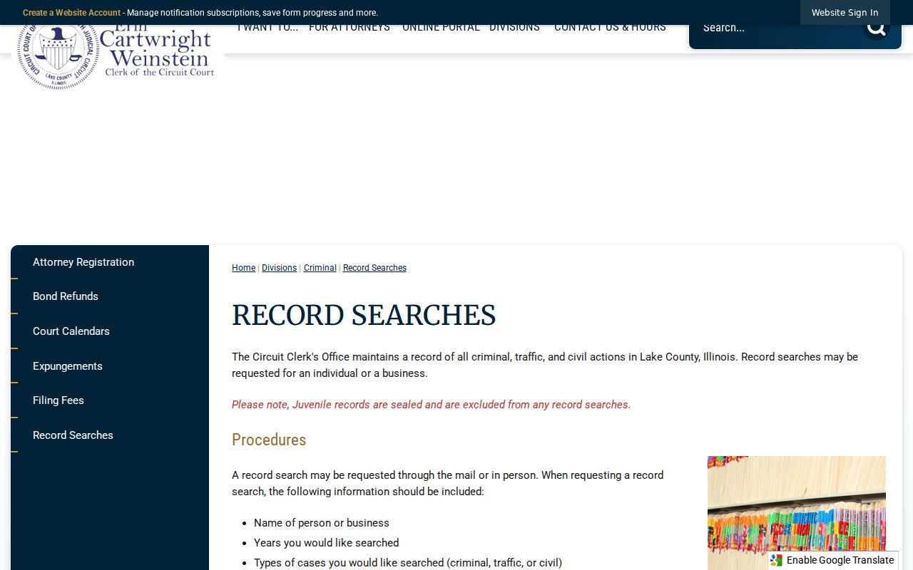 Lake County Circuit Clerk record search routes for Highland Park names