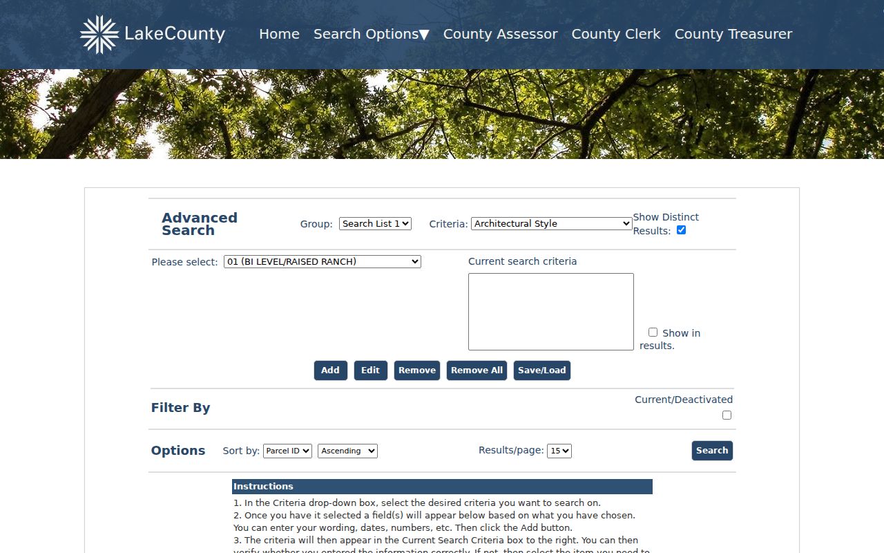 Lake County advanced property form for Highland Park street searches