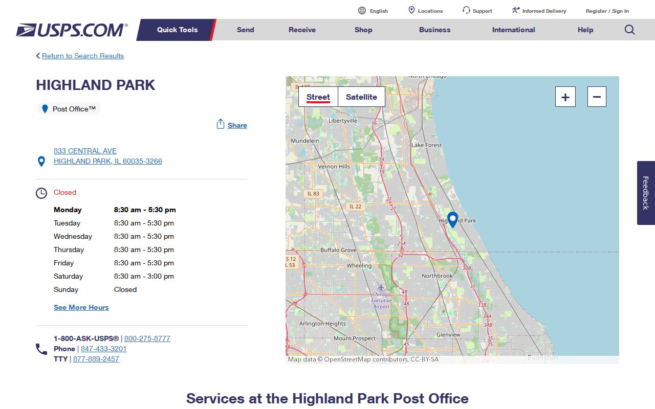 Highland Park ZIP code directory post office listing for 60035